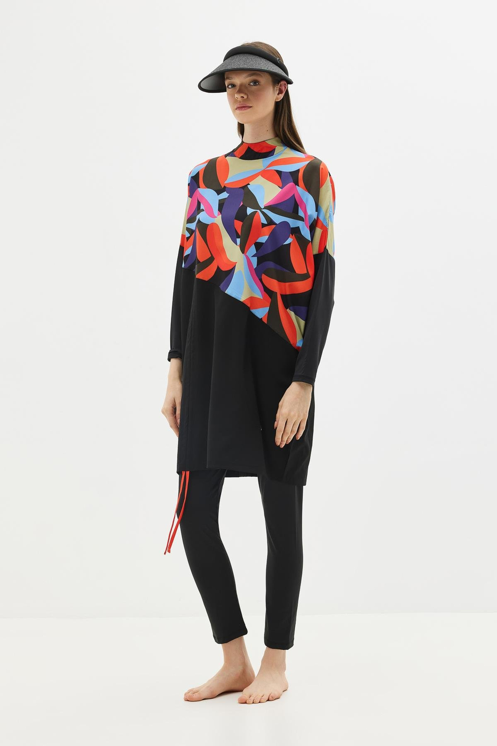 Desenli Rahat Kesim 4'lü Tesettür Mayo 6297 Lacivert/Siyah