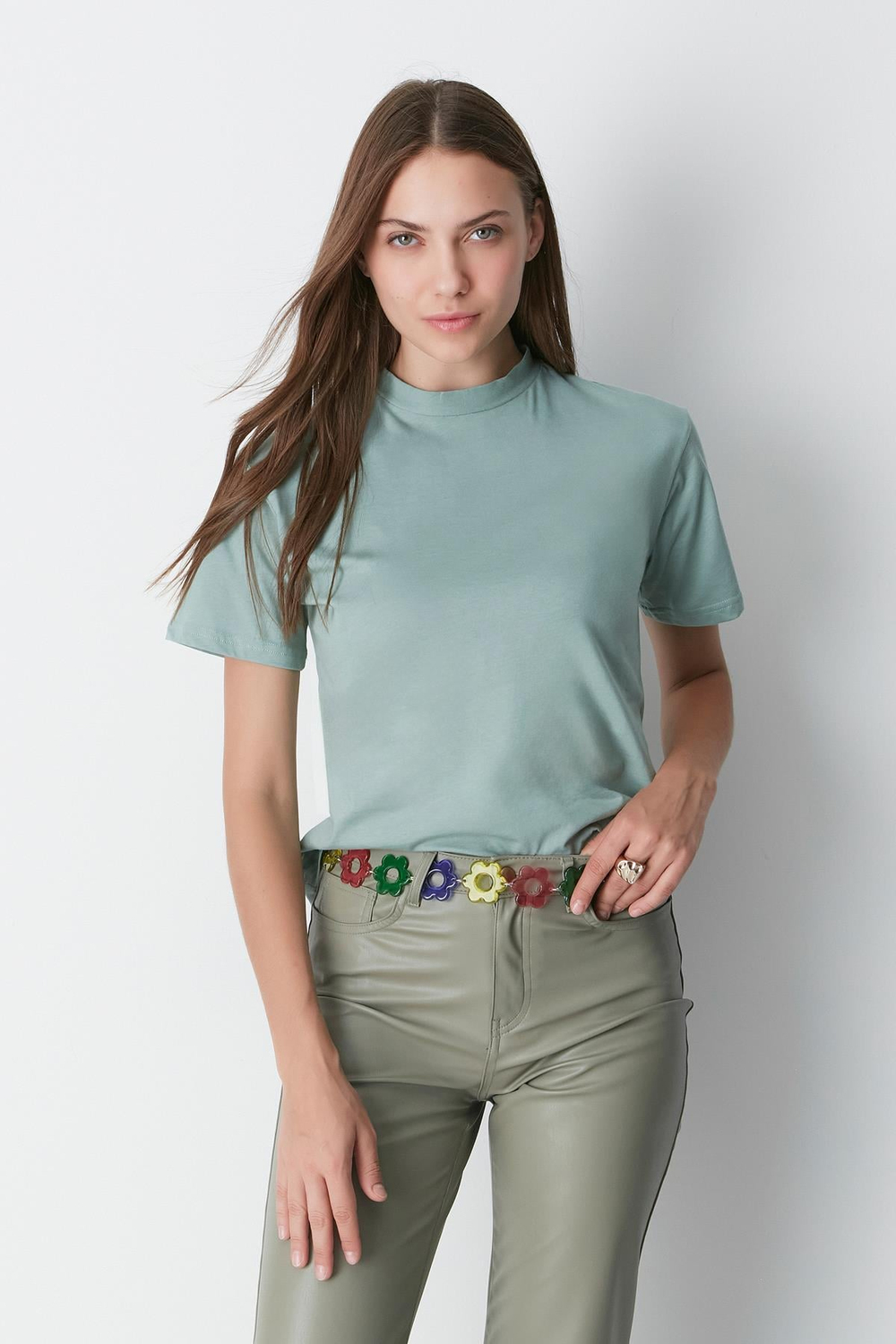 Dik Yaka Kısa Kol 2li Basic T-Shirt 957 Çağla/Füme