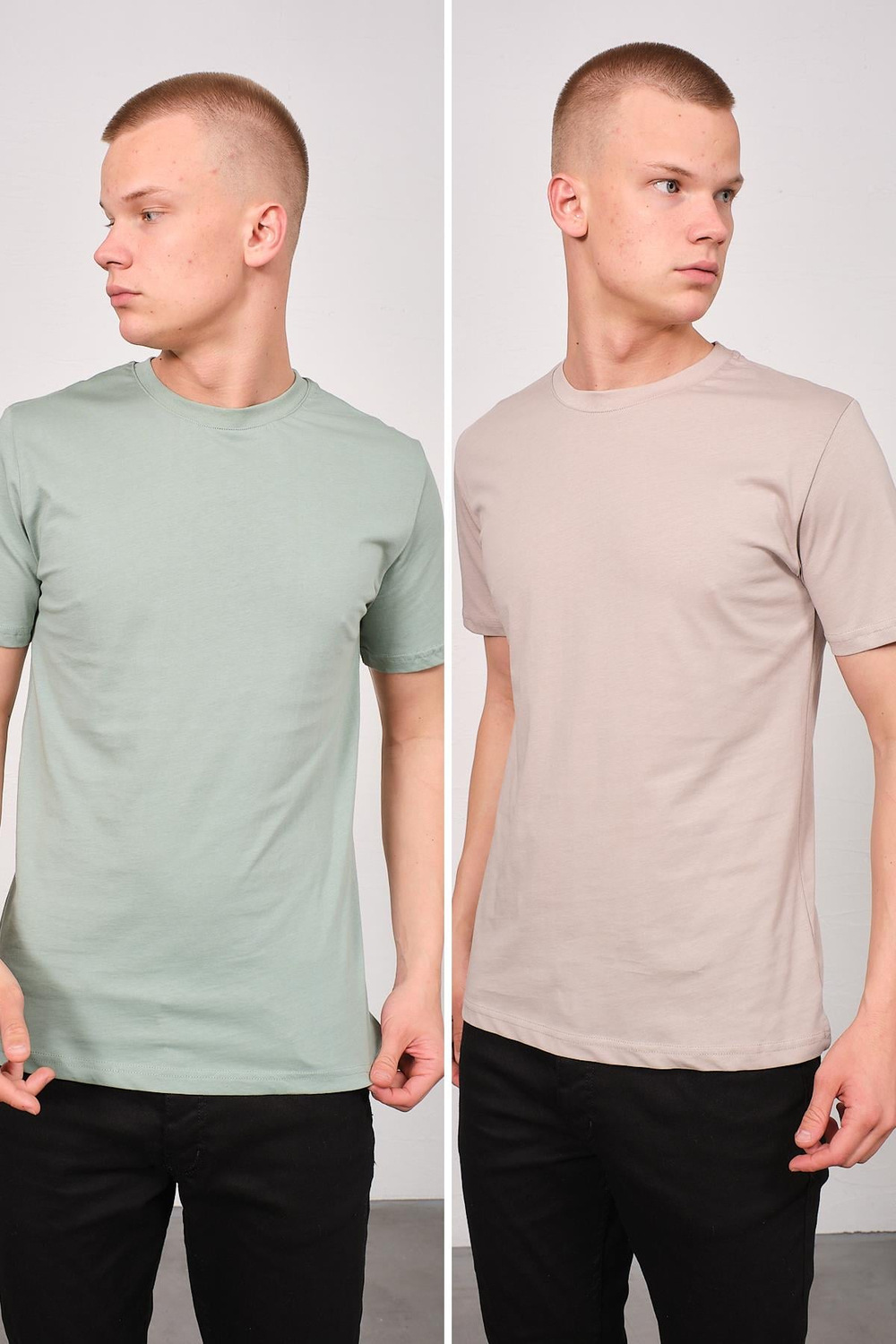 Erkek Bisiklet Yaka 2li Regular Fit Basic T-Shirt 990 Çağla/Gri