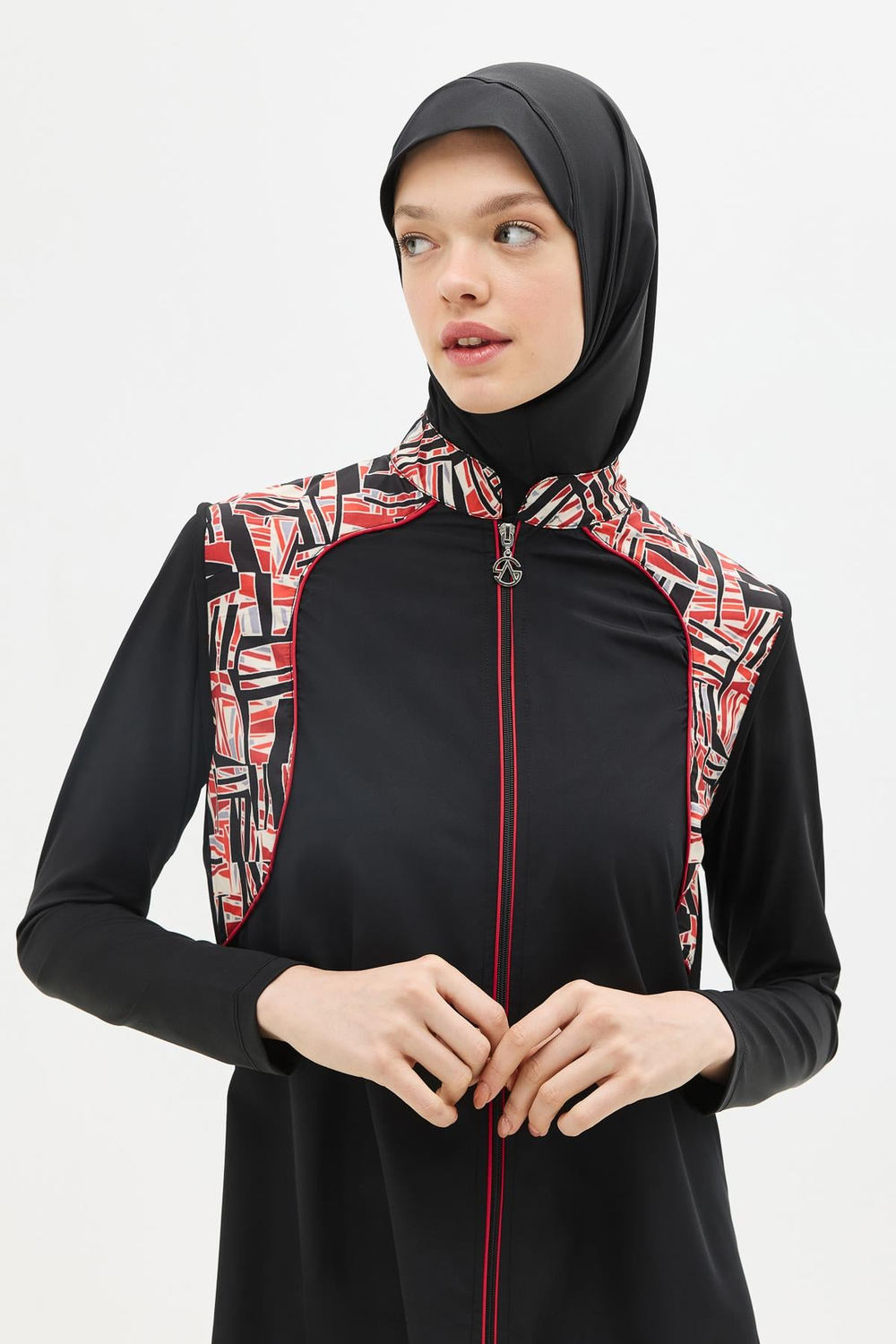 Fermuarlu 4’lü Tesettür Mayo 6041 Kırmızı/Siyah