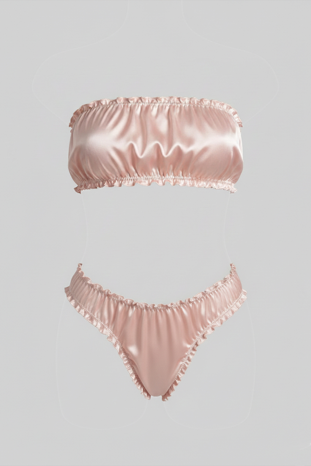 Fırfır Detaylı Straplez Takım Pudra