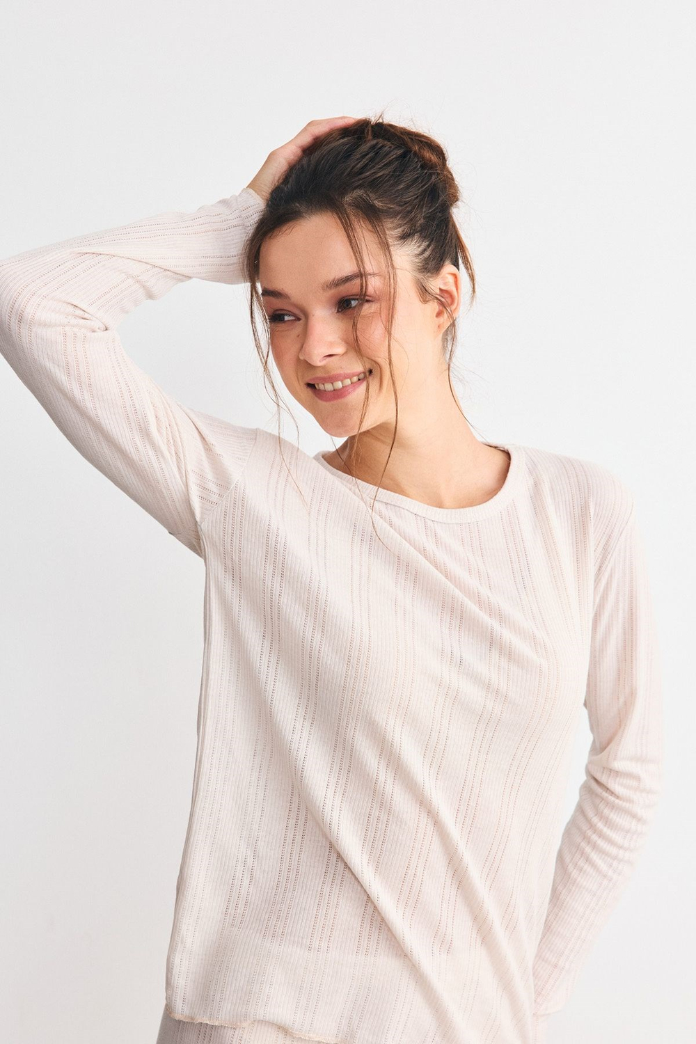Fitilli Dokulu Yumuşak Pijama Takımı Bej