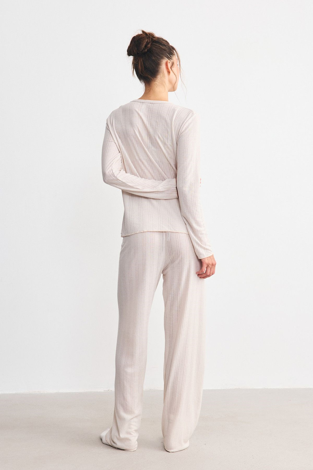 Fitilli Dokulu Yumuşak Pijama Takımı Bej