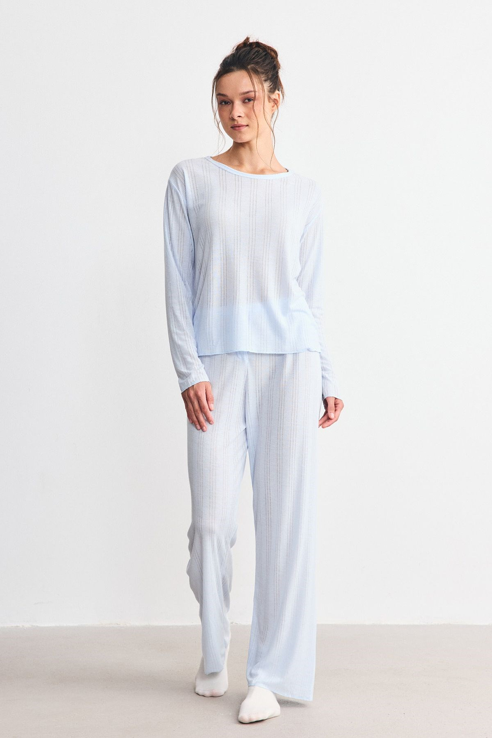 Fitilli Dokulu Yumuşak Pijama Takımı Mavi