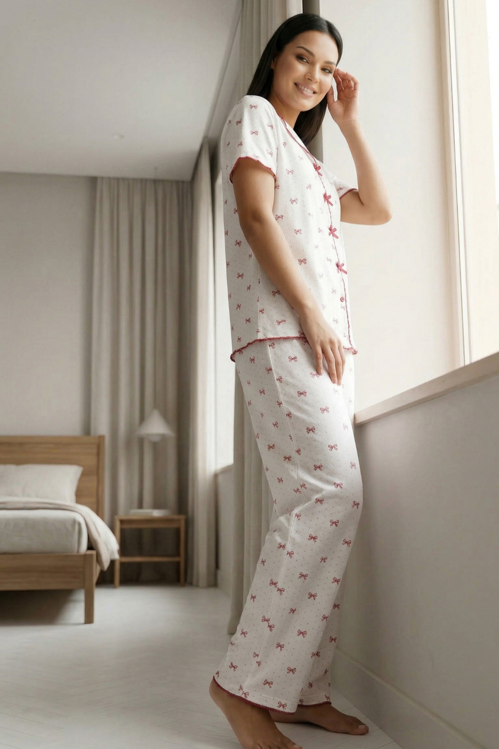 Fiyonk Detay Yumuşak Kısa Kol Pijama Takım Fiyonk