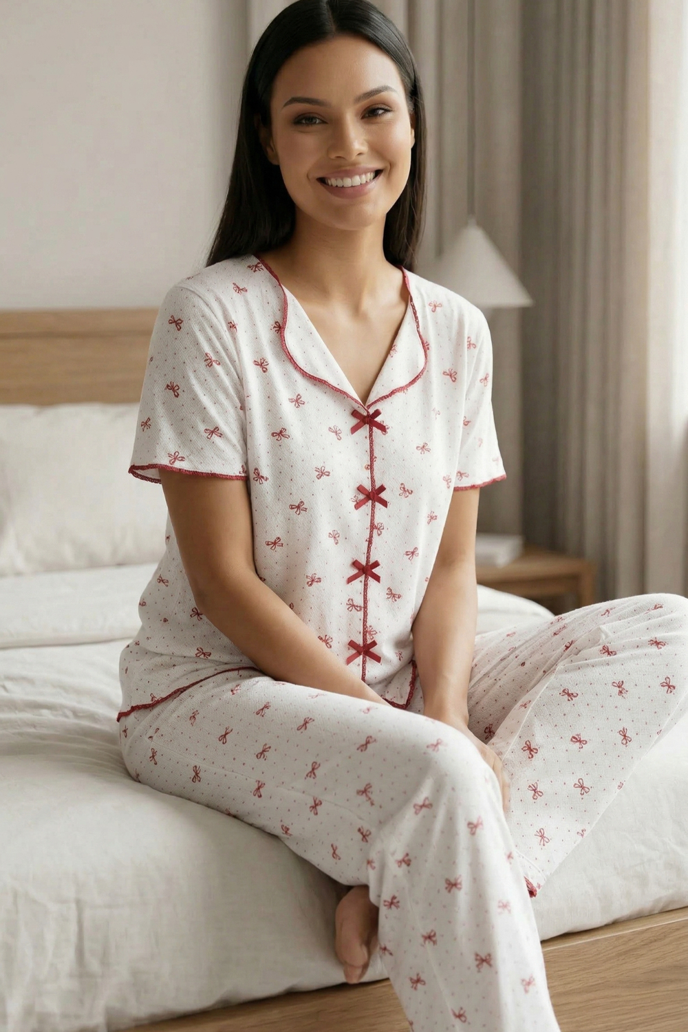 Fiyonk Detay Yumuşak Kısa Kol Pijama Takım Fiyonk