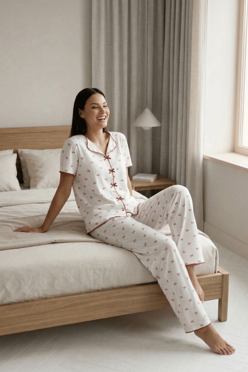 Fiyonk Detay Yumuşak Kısa Kol Pijama Takım Fiyonk