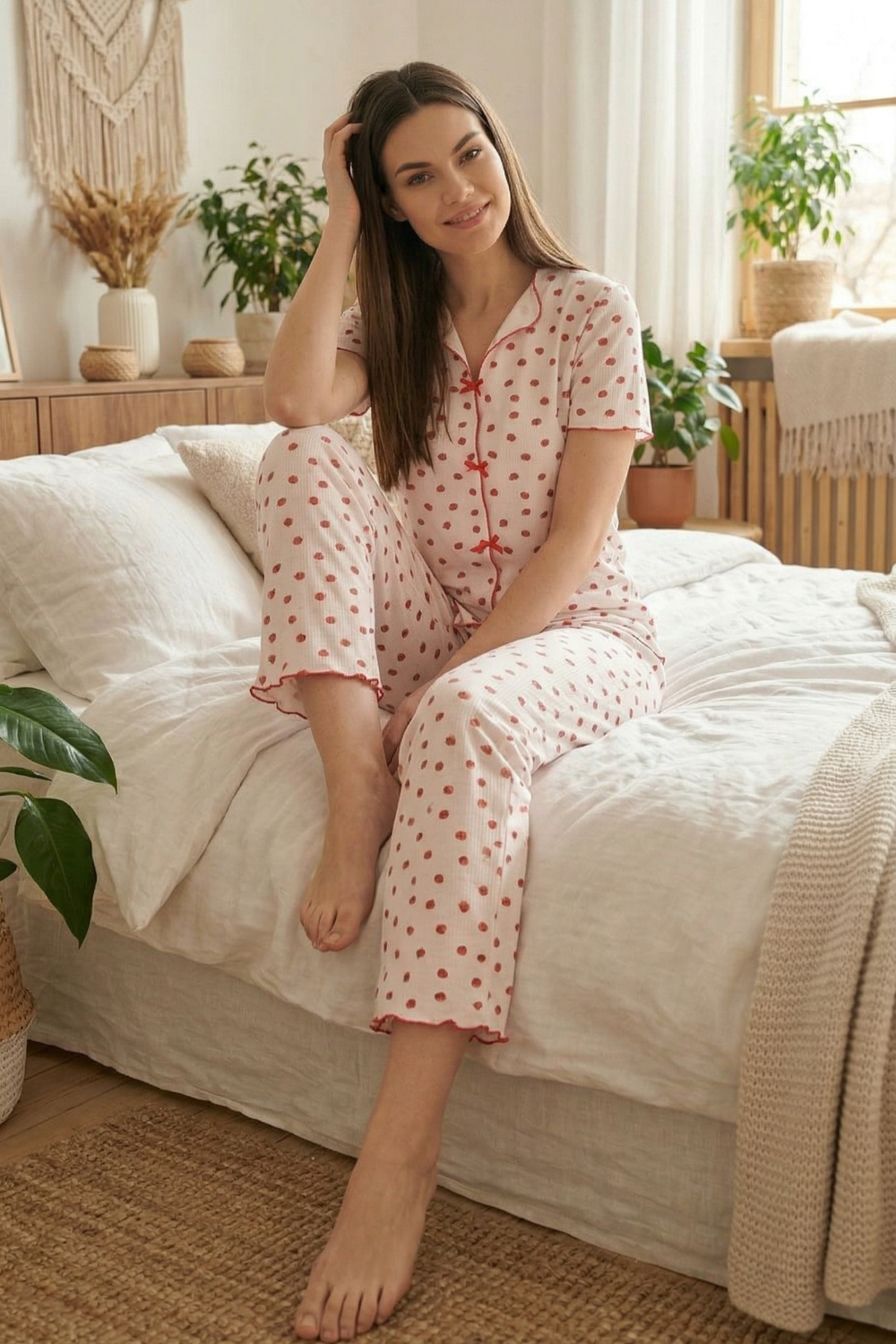 Fiyonk Detay Yumuşak Kısa Kol Pijama Takım Çilek