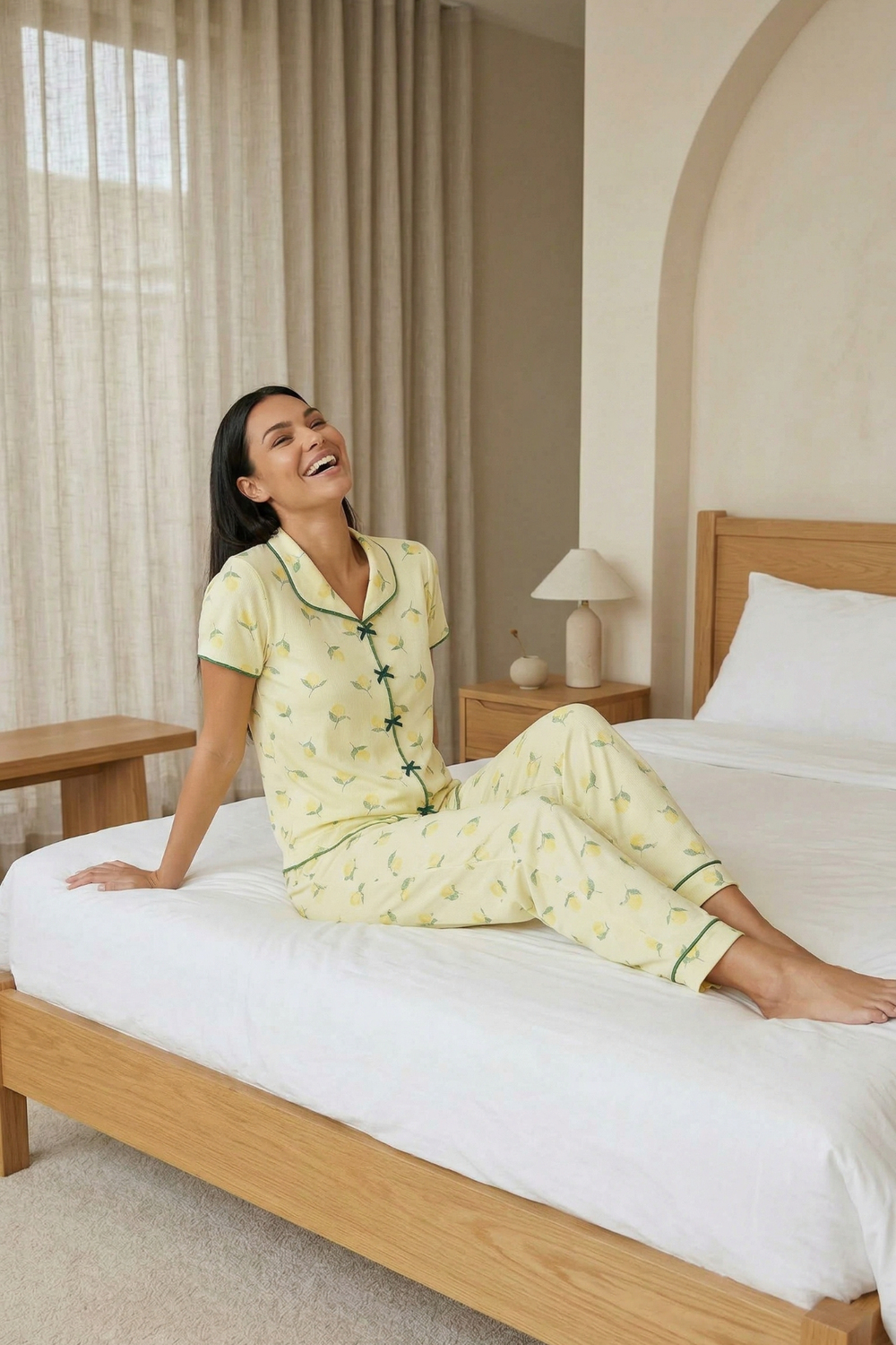 Fiyonk Detay Yumuşak Kısa Kol Pijama Takım Limon