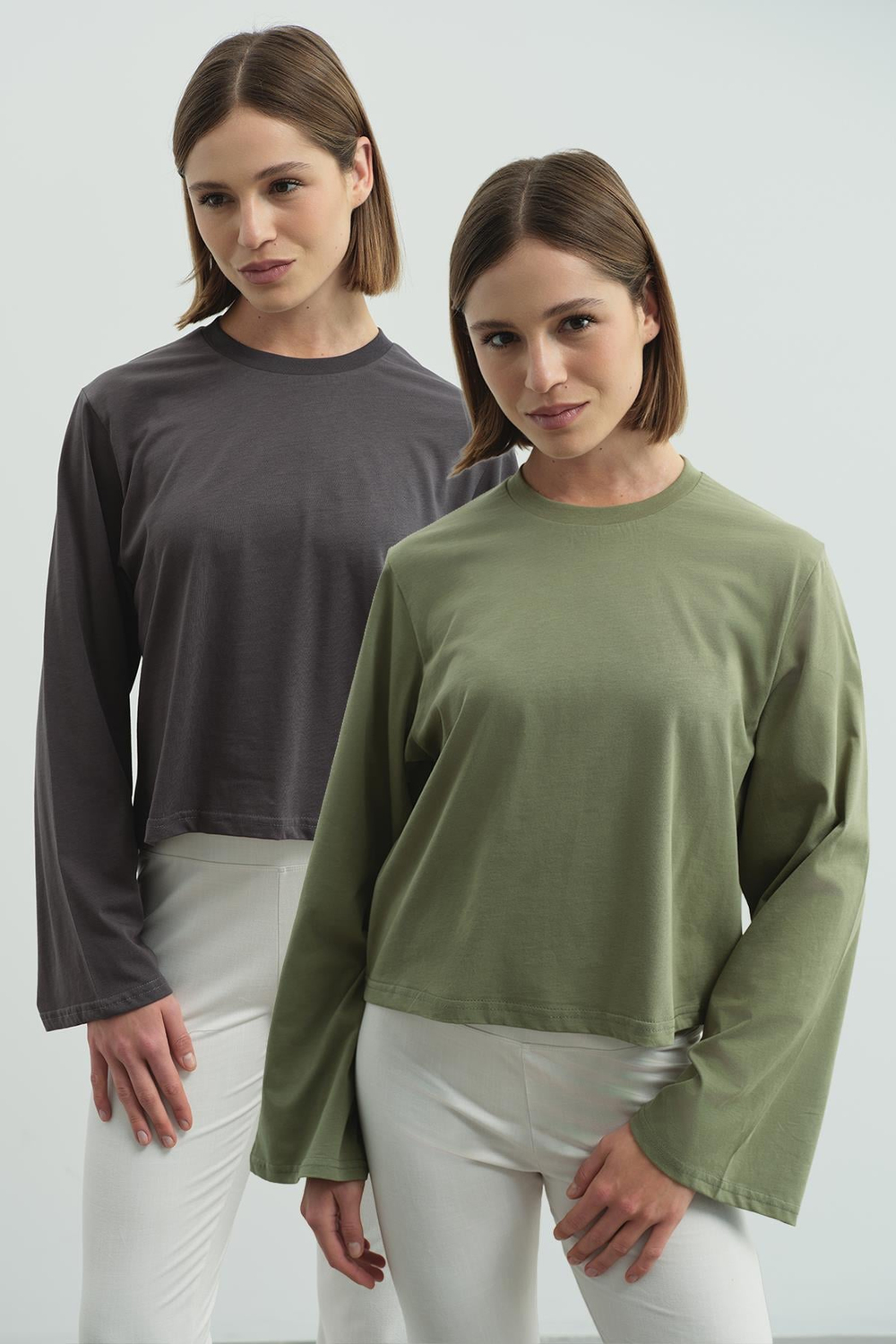 Geniş Kol Oversize 2li Paket T-Shirt 965 Haki/Füme