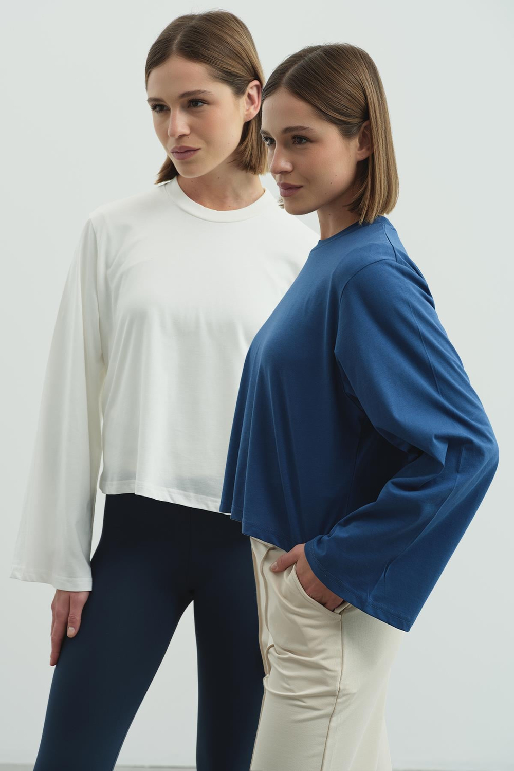 Geniş Kol Oversize 2li Paket T-Shirt 965 İndigo/Ekru