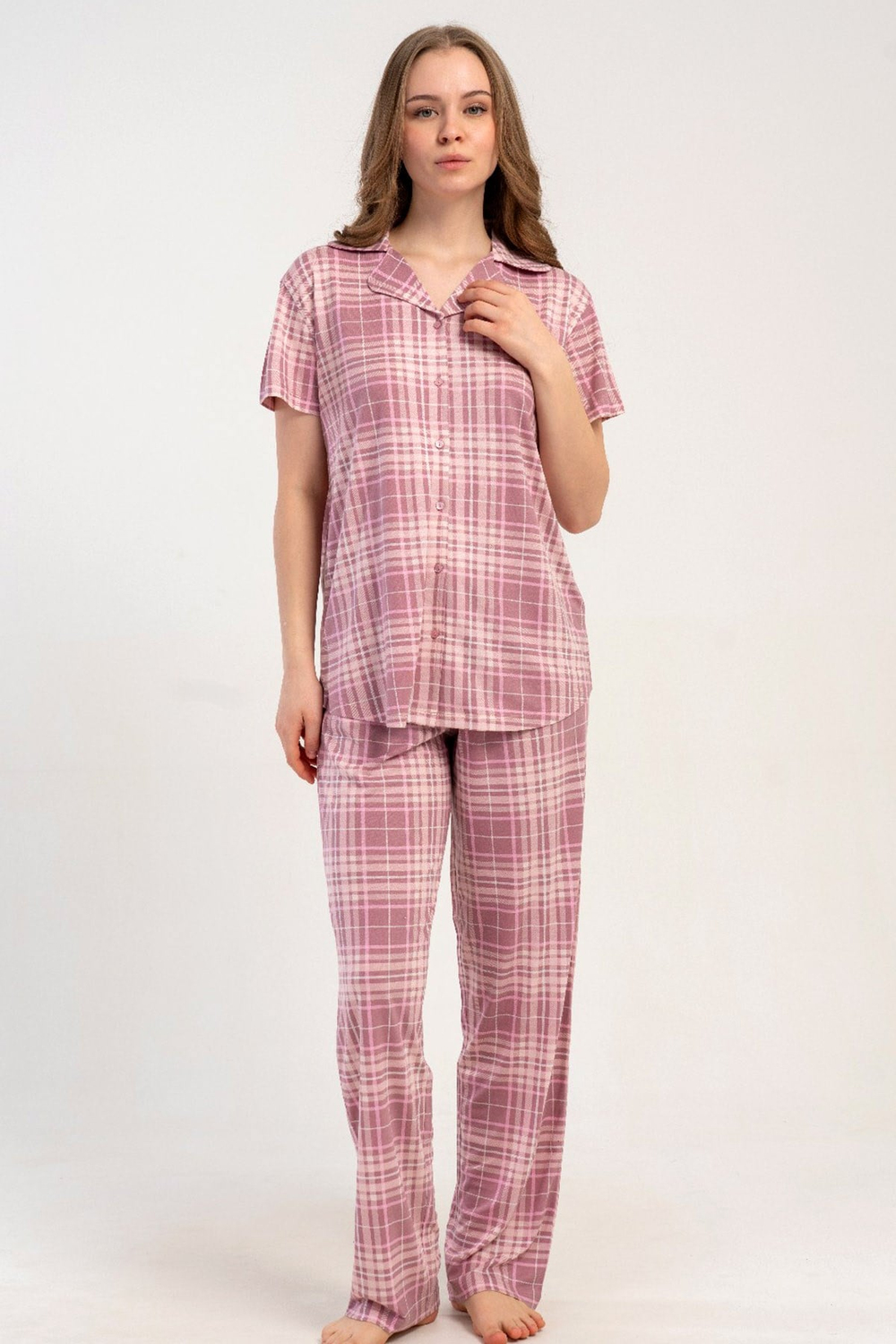 Gömlek Yaka Önden Düğmeli Pijama Takımı Pembe-512196