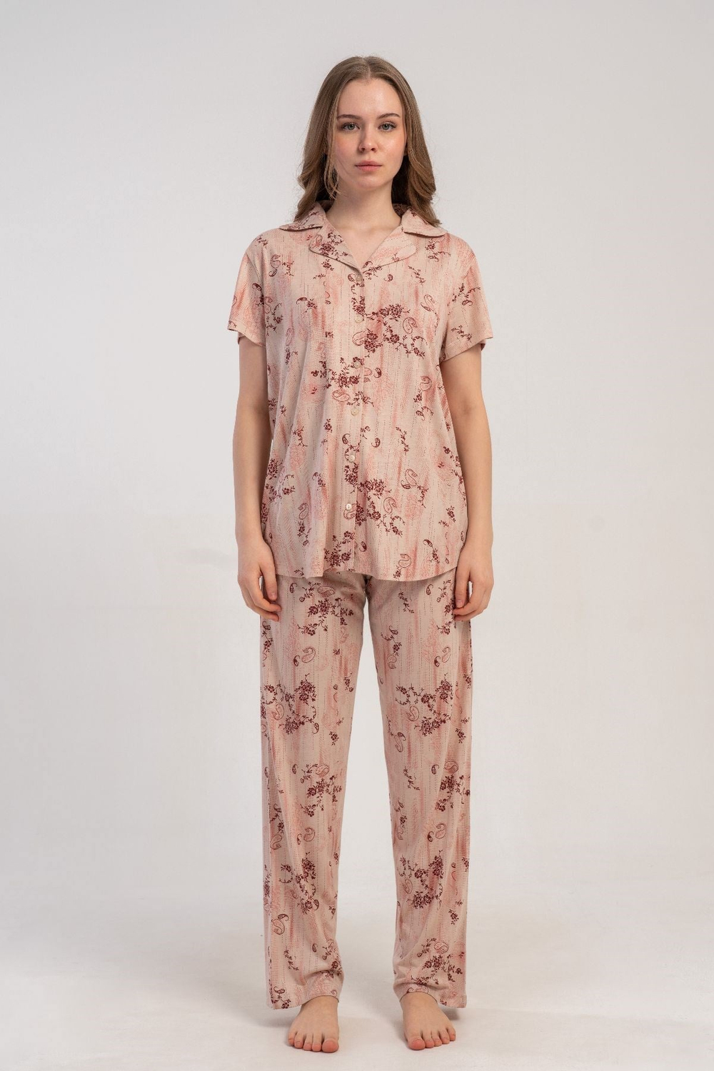 Gömlek Yaka Önden Düğmeli Pijama Takımı Krem-512244