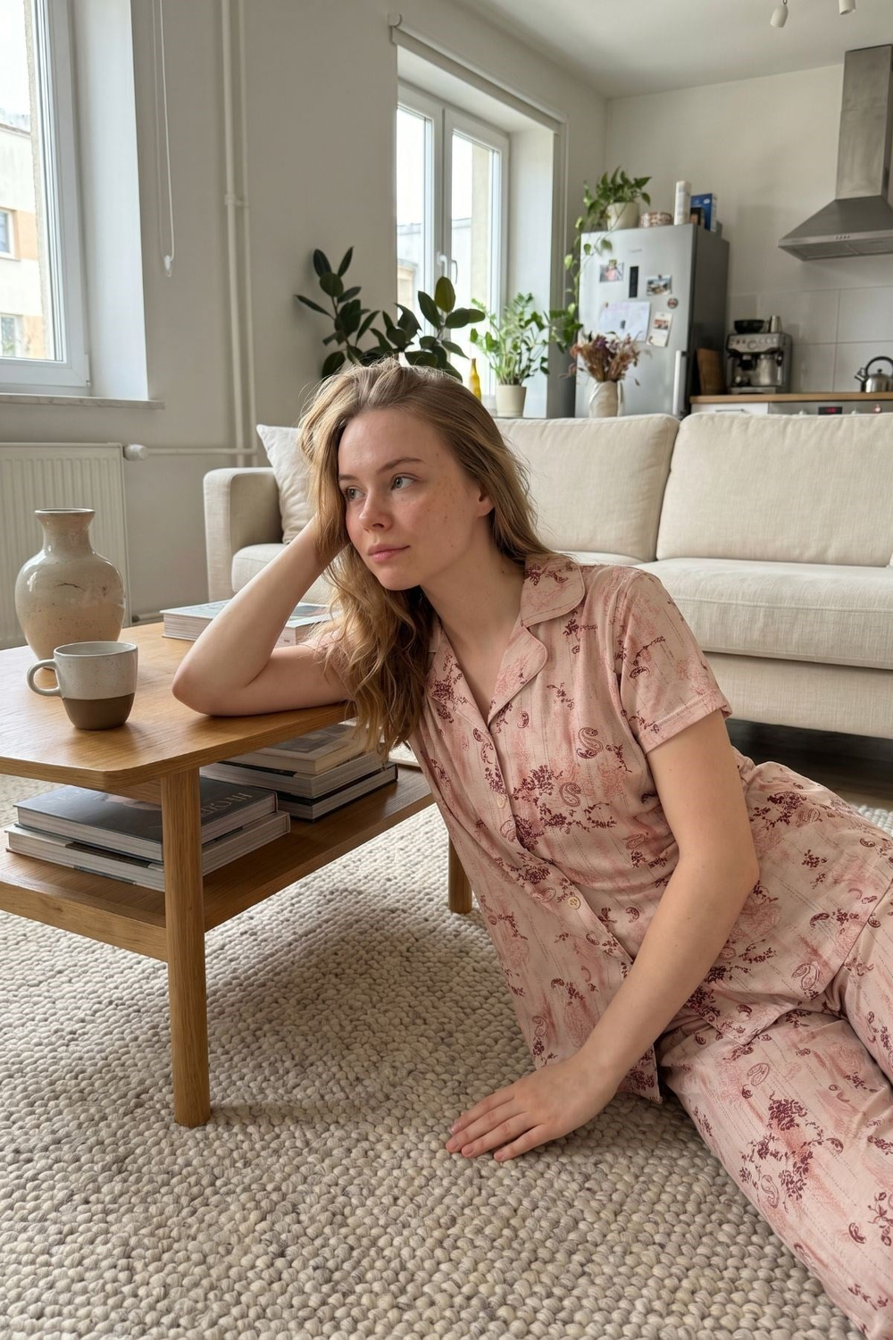 Gömlek Yaka Önden Düğmeli Pijama Takımı Krem-512244