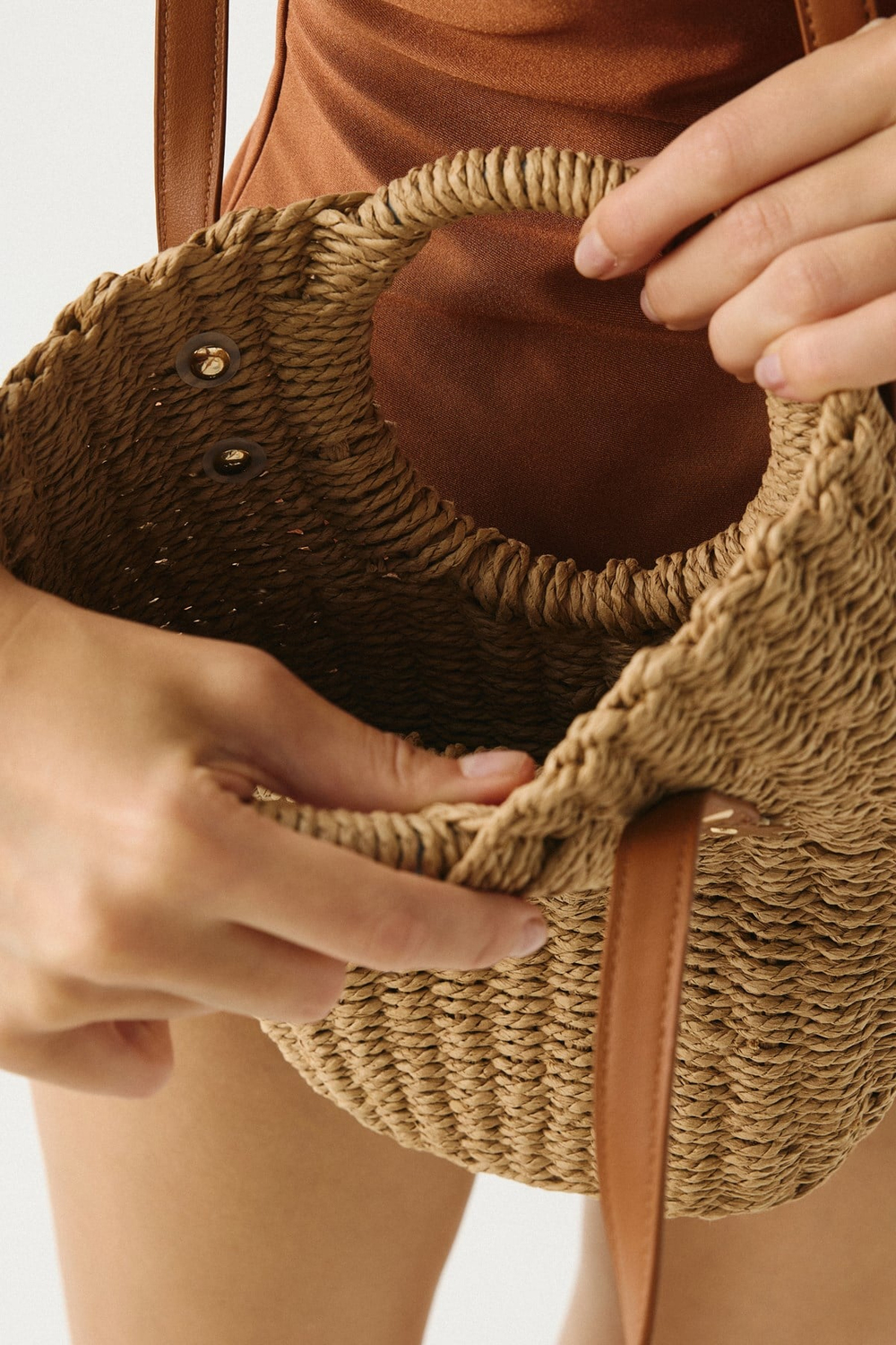Halka Saplı Deri Detaylı Hasır Çanta Y9221 Camel