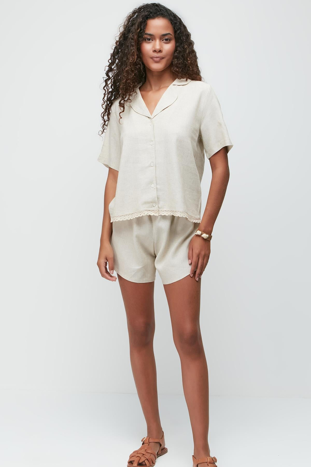 Linen Lace Detail Short Sleeve Shirt and Shorts Set 9145