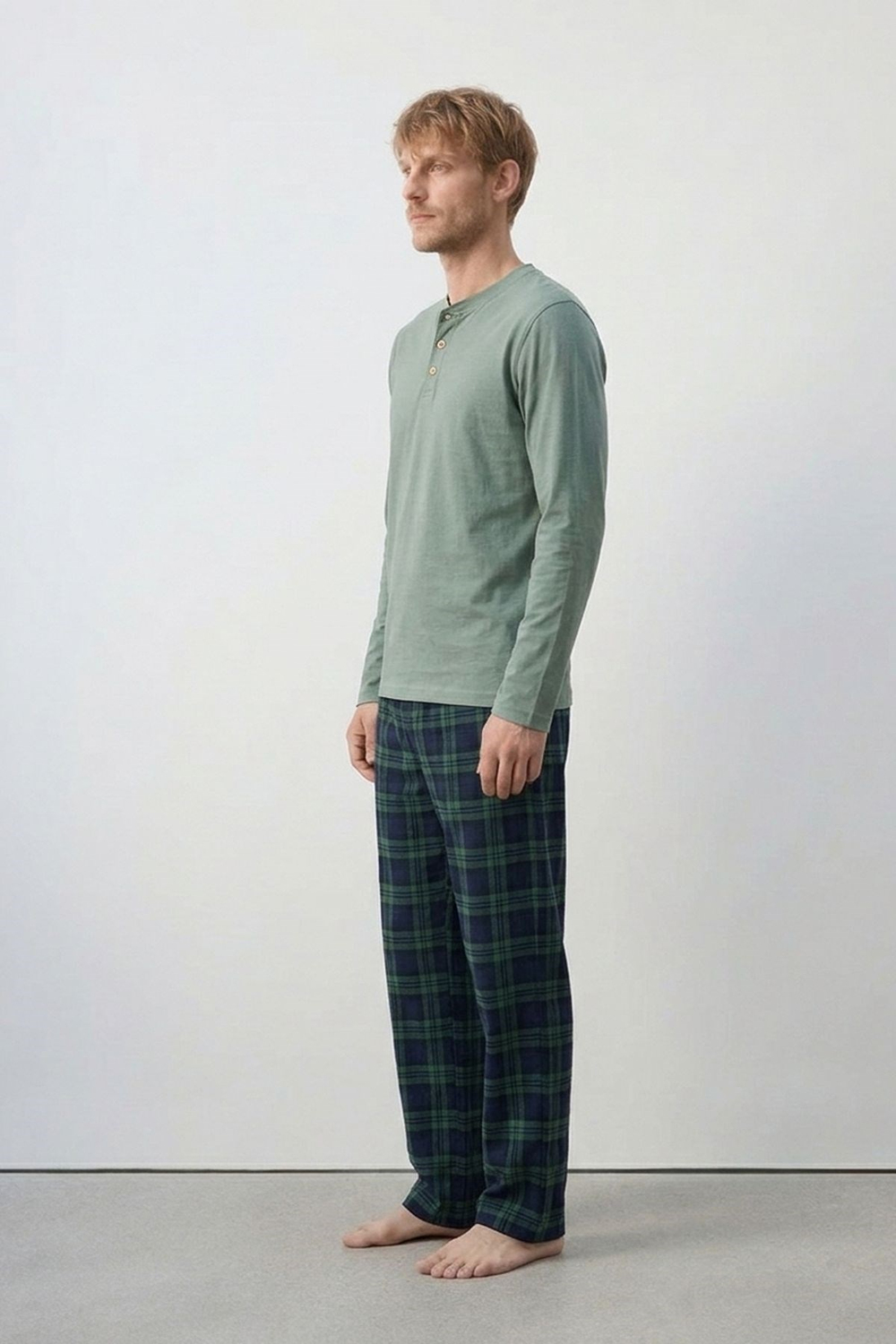 Pamuklu Yarım Düğmeli Ekose Erkek Pijama Takım Yeşil