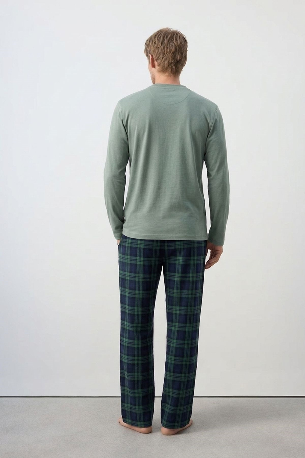 Pamuklu Yarım Düğmeli Ekose Erkek Pijama Takım Yeşil