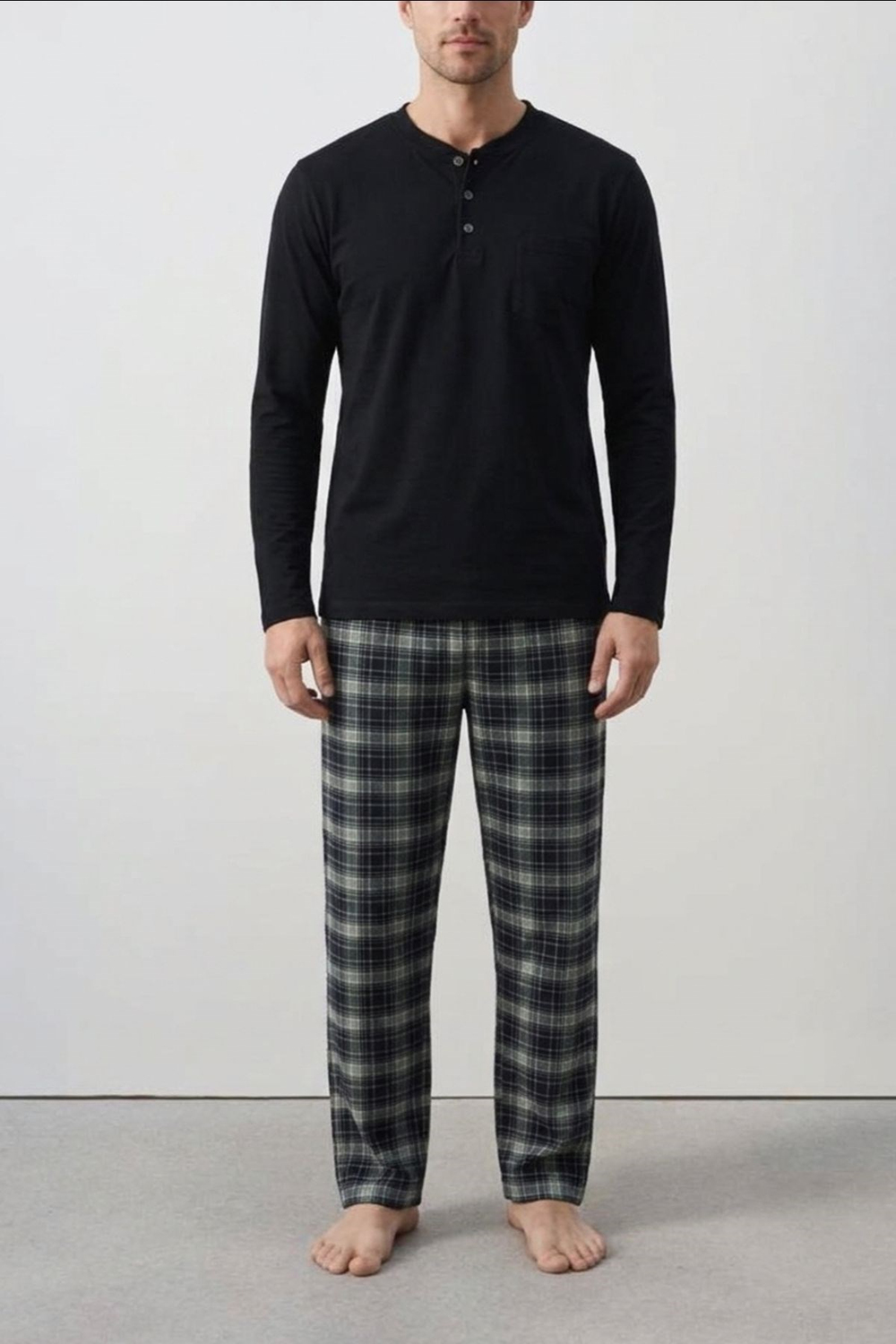 Pamuklu Yarım Düğmeli Ekose Erkek Pijama Takım Lacivert