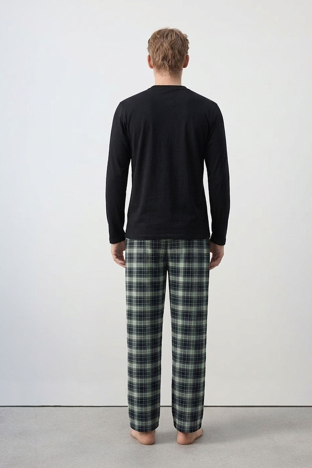 Pamuklu Yarım Düğmeli Ekose Erkek Pijama Takım Lacivert