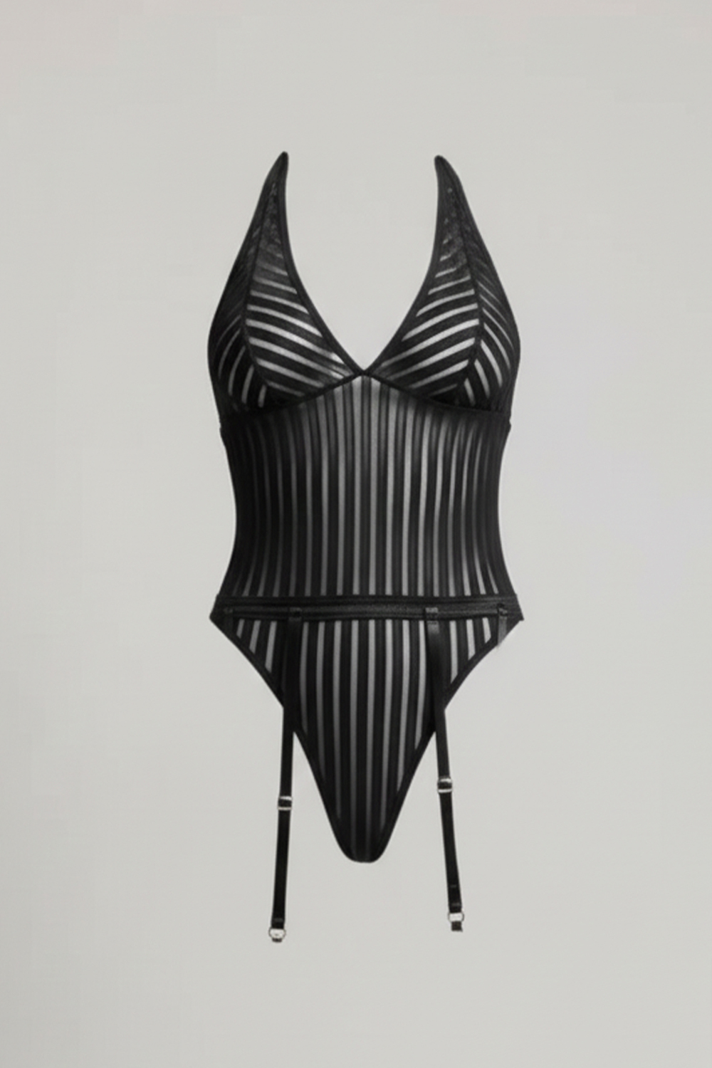 Siyah Çizgi Desenli Jartiyerli Bodysuit Siyah