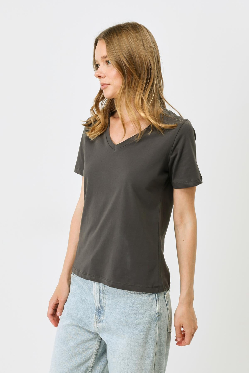 V Yaka Kısa Kol 2li Basic T-Shirt 962 Füme/Kahverengi
