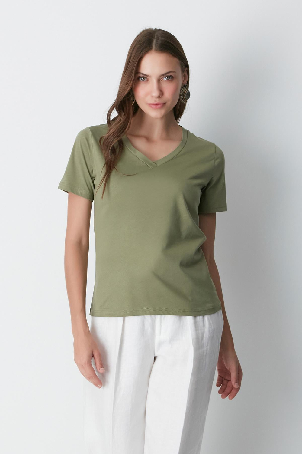 V Yaka Kısa Kol 2li Basic T-Shirt 962 Haki/Bej