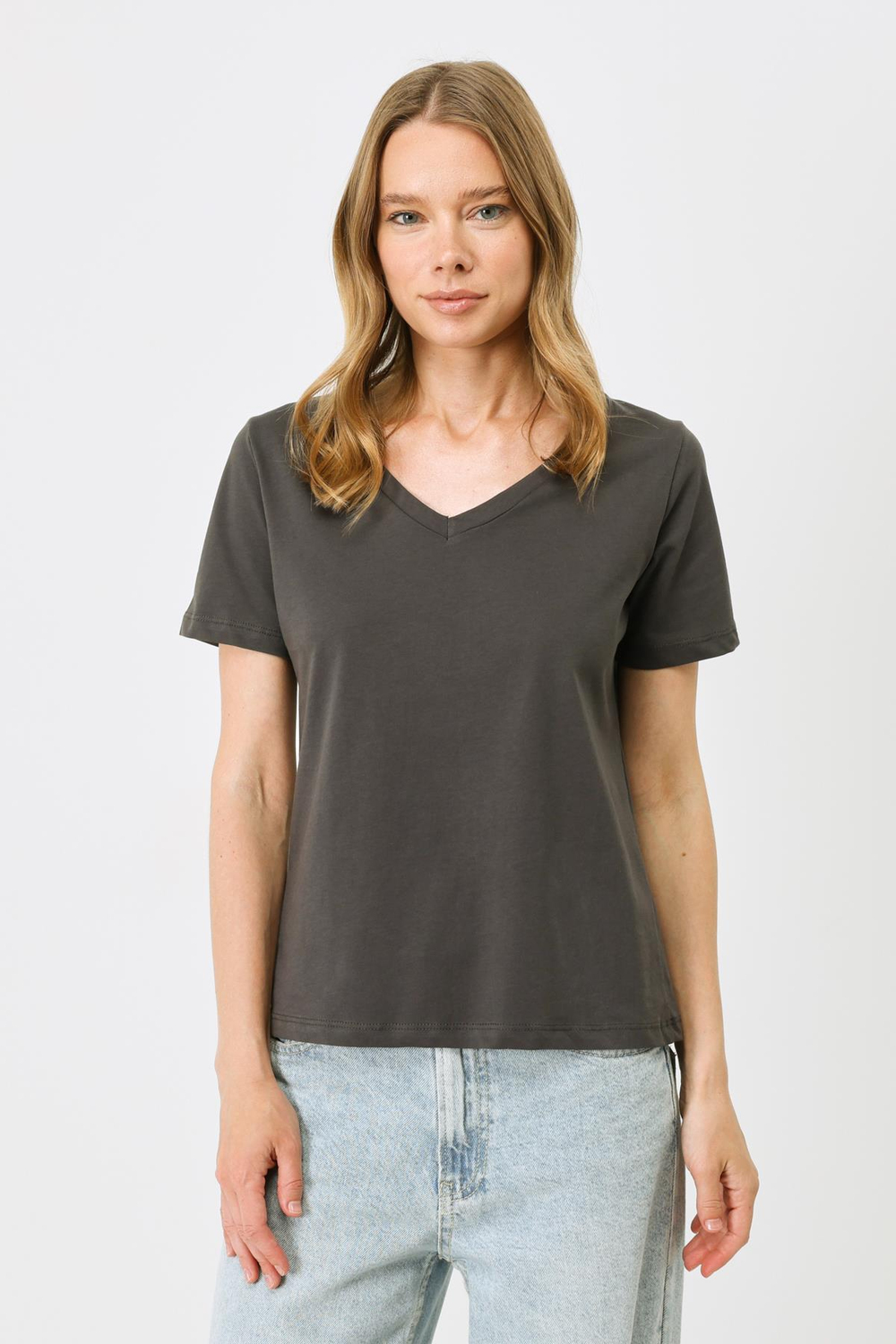 V Yaka Kısa Kol 2li Basic T-Shirt 962 Füme/Kahverengi