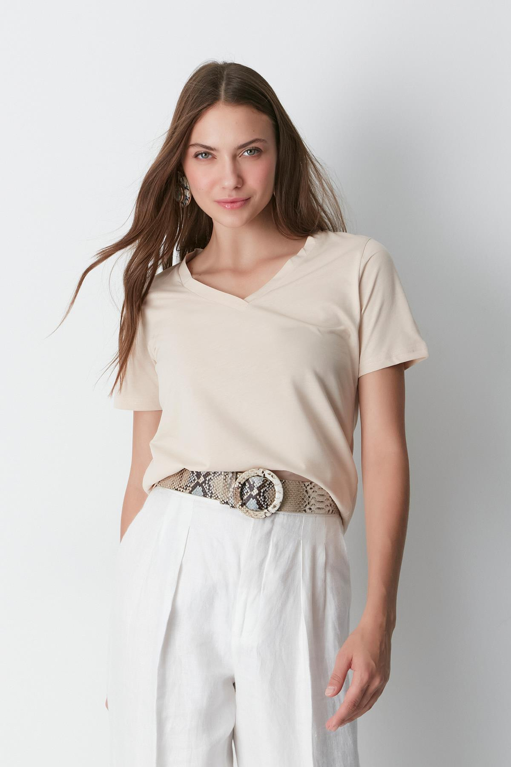 V Yaka Kısa Kol 2li Basic T-Shirt 962 Haki/Bej