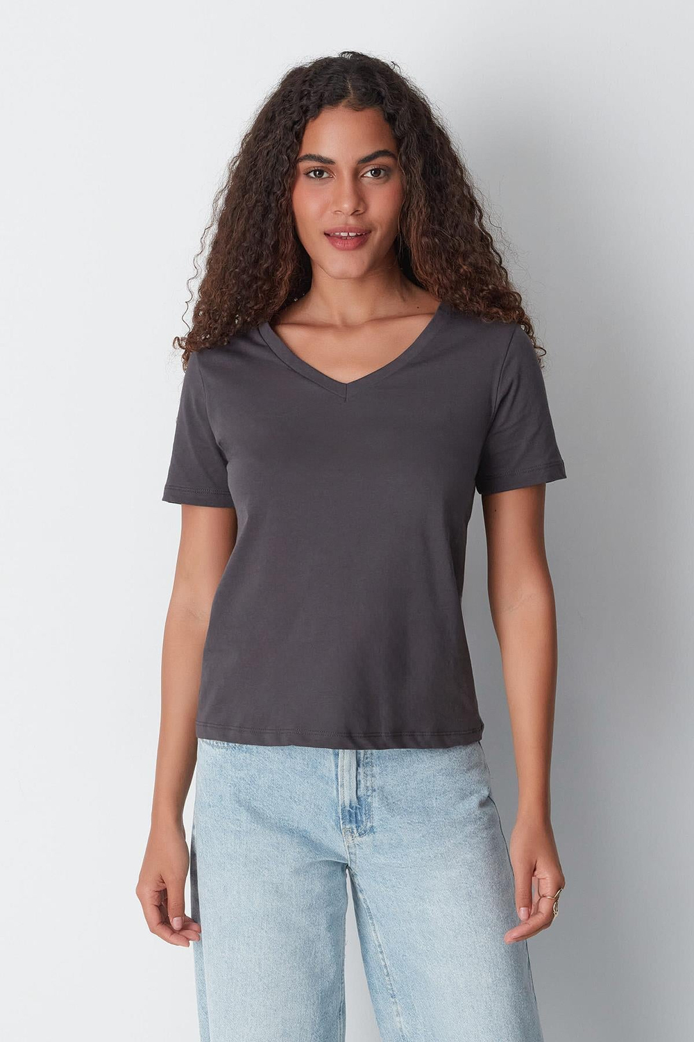 V Yaka Kısa Kol 2li Basic T-Shirt 962 Füme/Bordo