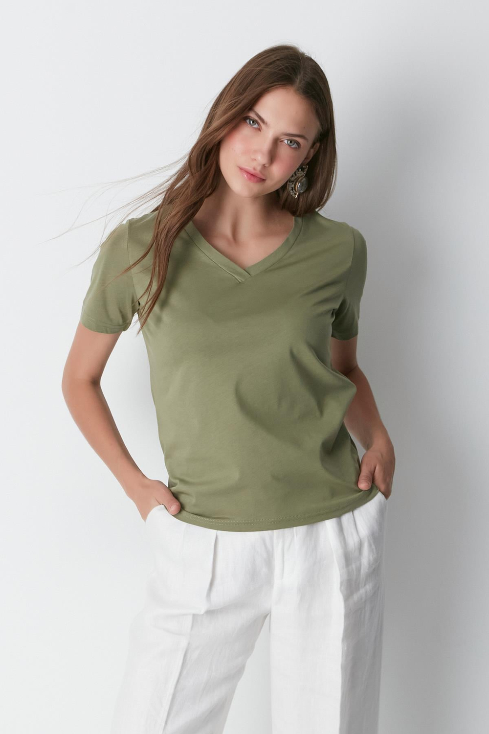 V Yaka Kısa Kol 2li Basic T-Shirt 962 Haki/Bej