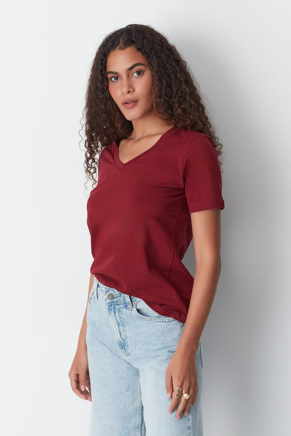 V Yaka Kısa Kol 2li Basic T-Shirt 962 Füme/Bordo
