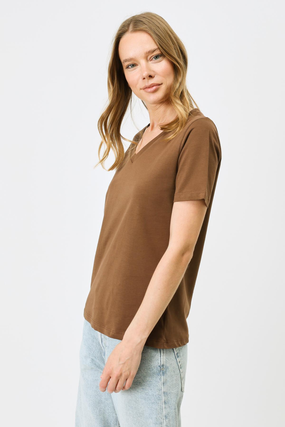 V Yaka Kısa Kol 2li Basic T-Shirt 962 Füme/Kahverengi