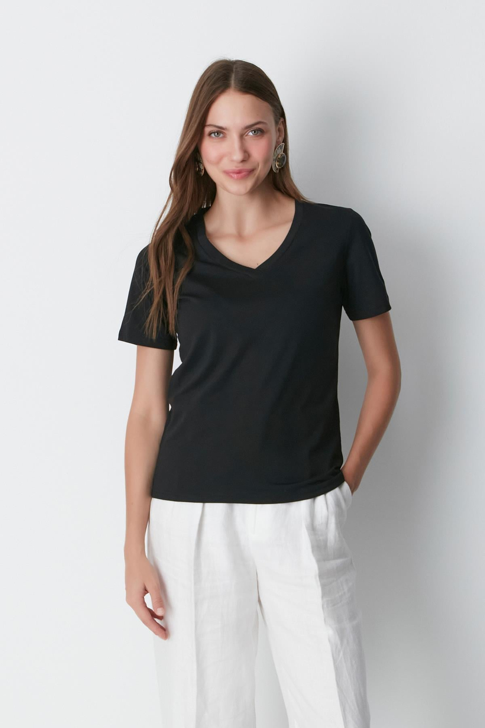V Yaka Kısa Kol 2li Basic T-Shirt 962 Siyah/Beyaz