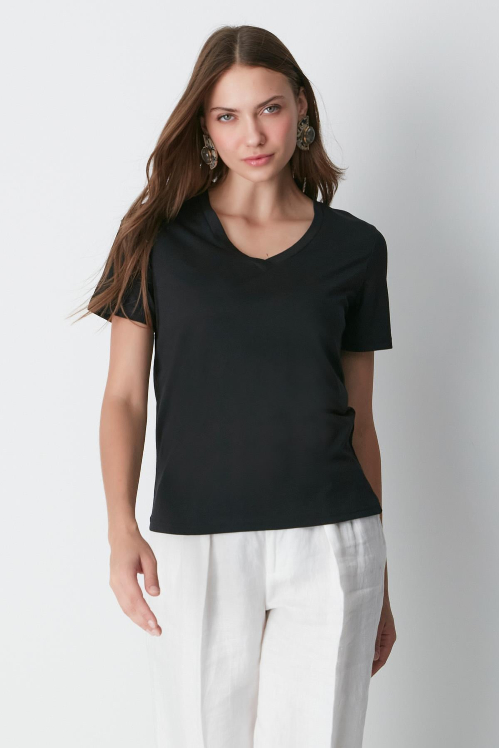 V Yaka Kısa Kol 2li Basic T-Shirt 962 Siyah/Beyaz