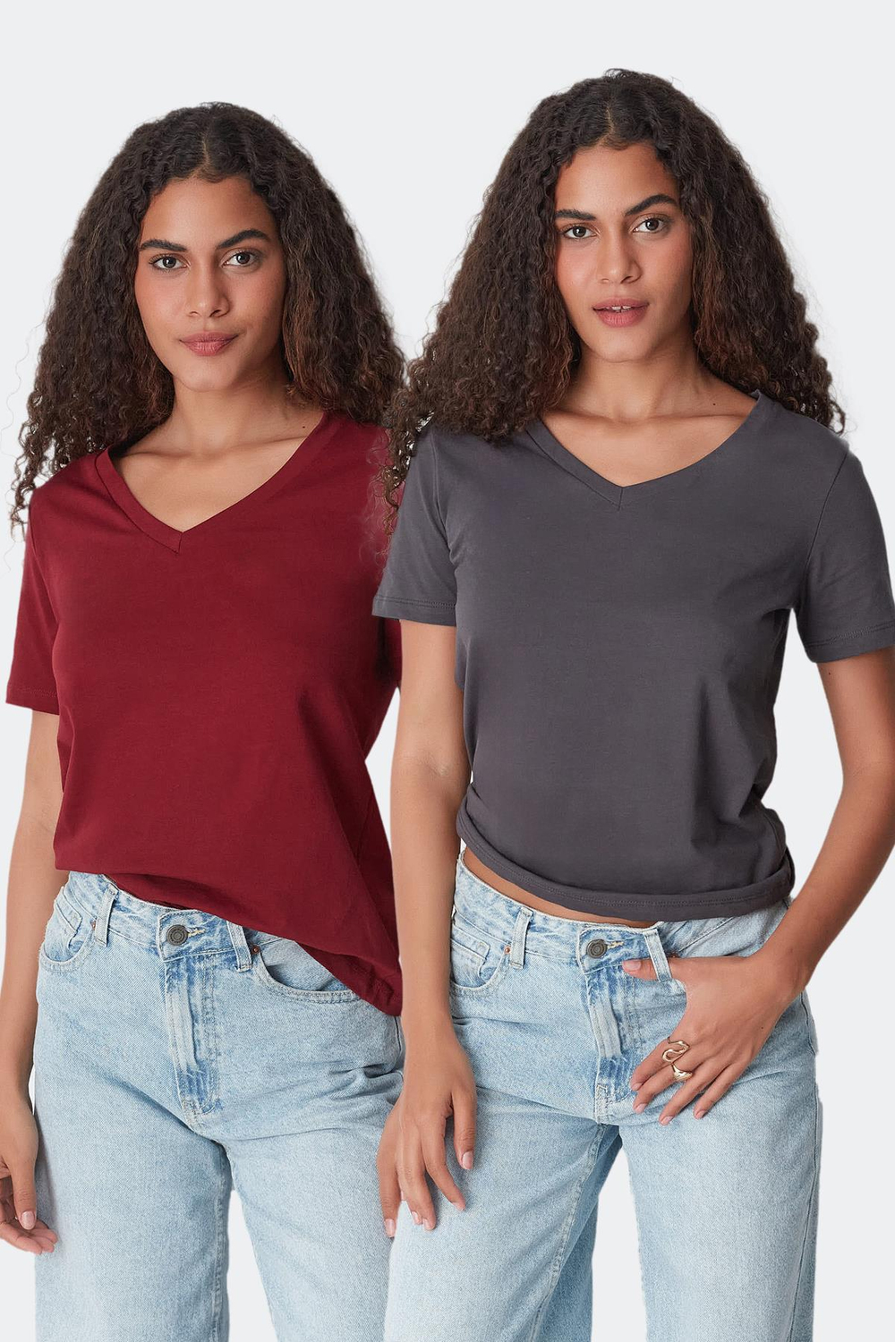V Yaka Kısa Kol 2li Basic T-Shirt 962 Füme/Bordo