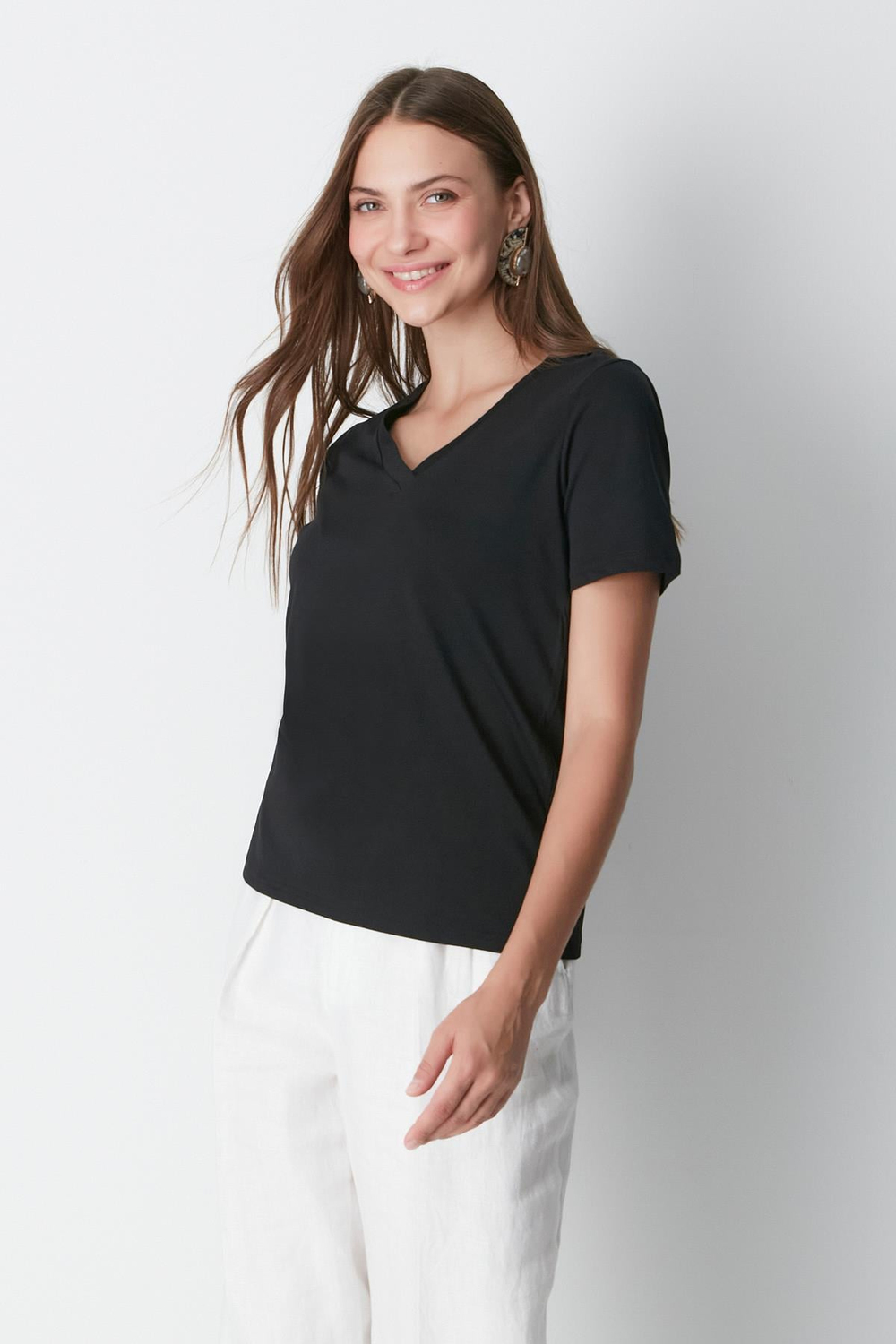 V Yaka Kısa Kol 2li Basic T-Shirt 962 Siyah