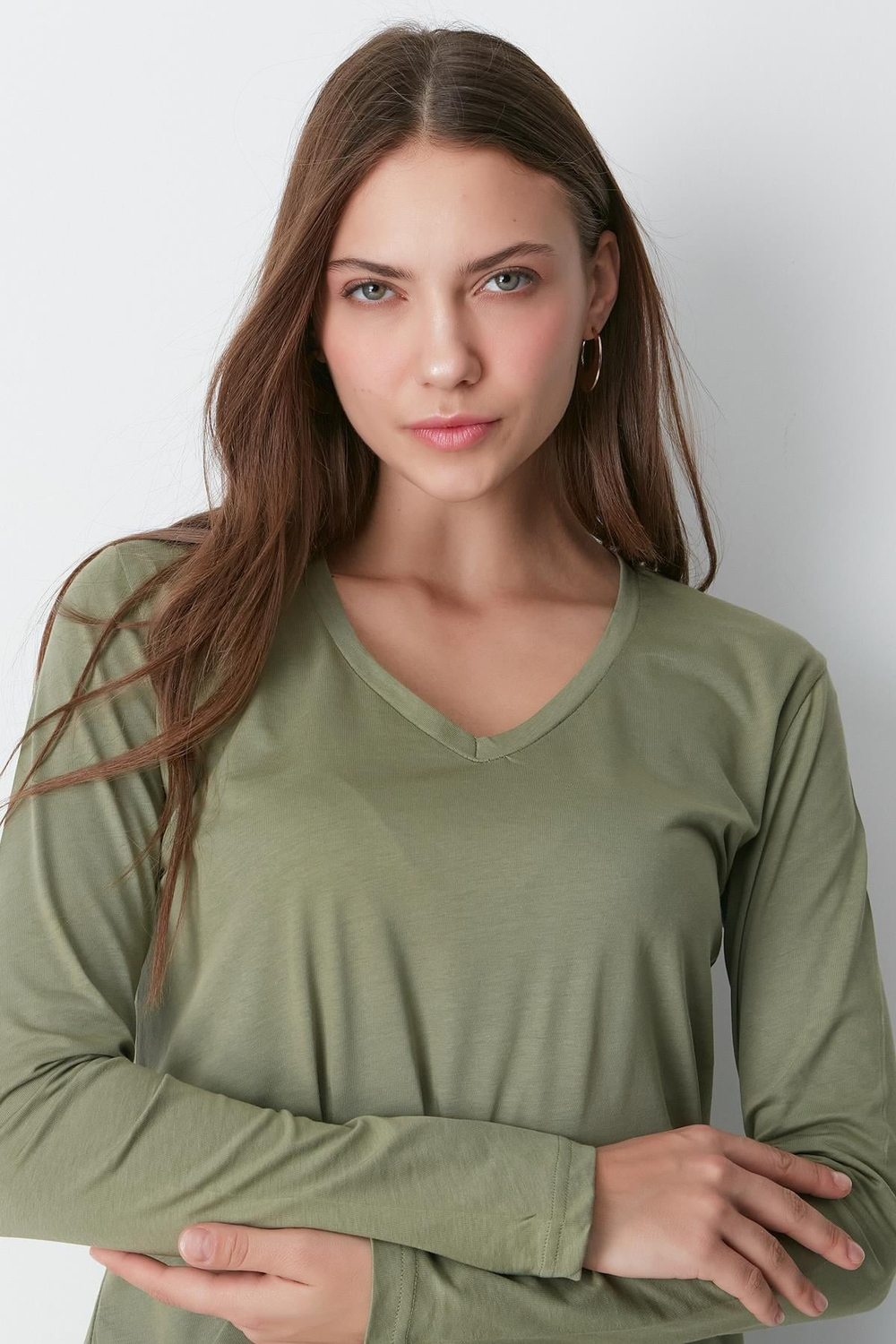 V Yaka Uzun Kol 2li Basic T-Shirt 954 Haki/Bej