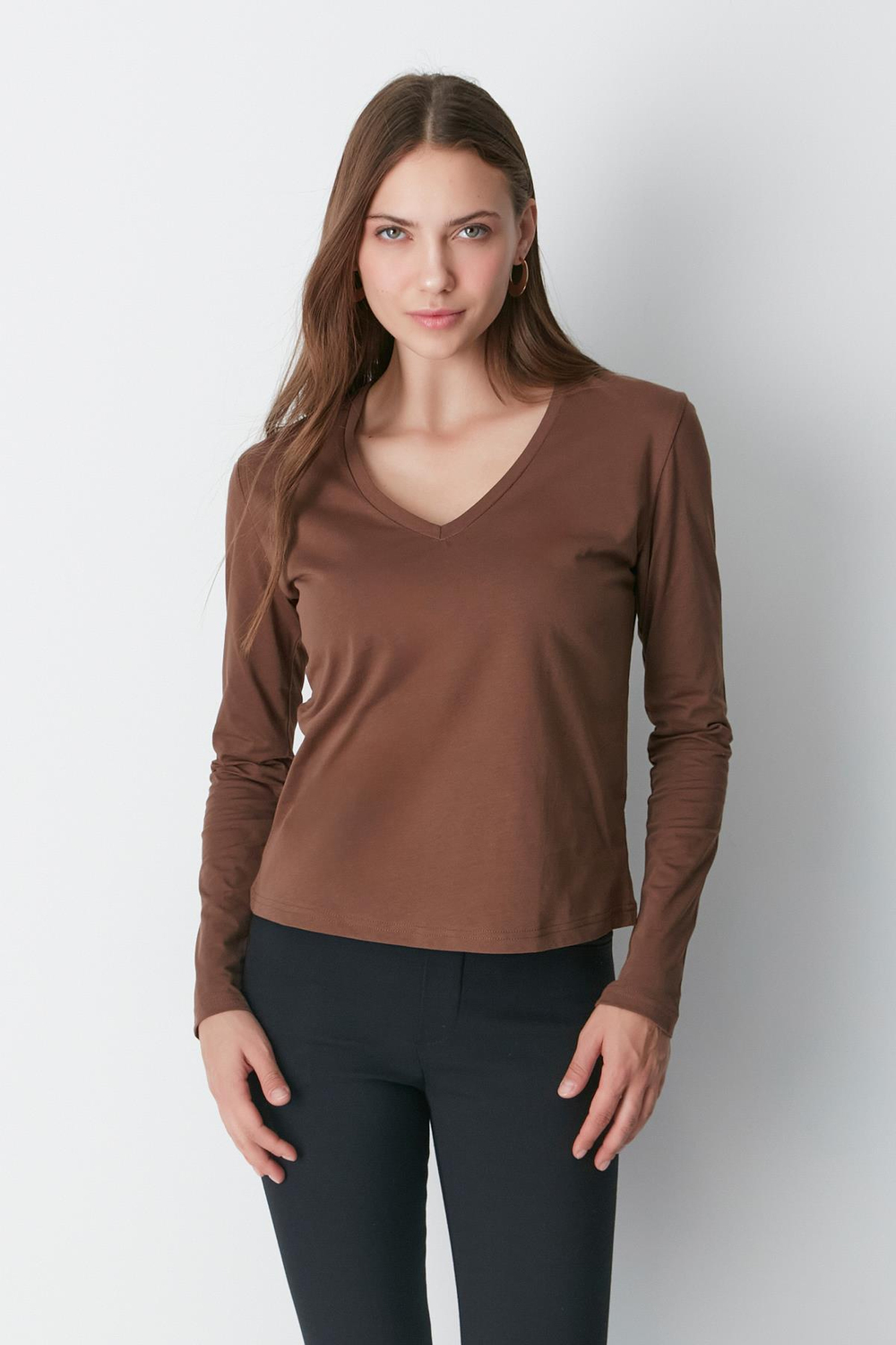 V Yaka Uzun Kol 2li Basic T-Shirt 954 Füme/Kahverengi