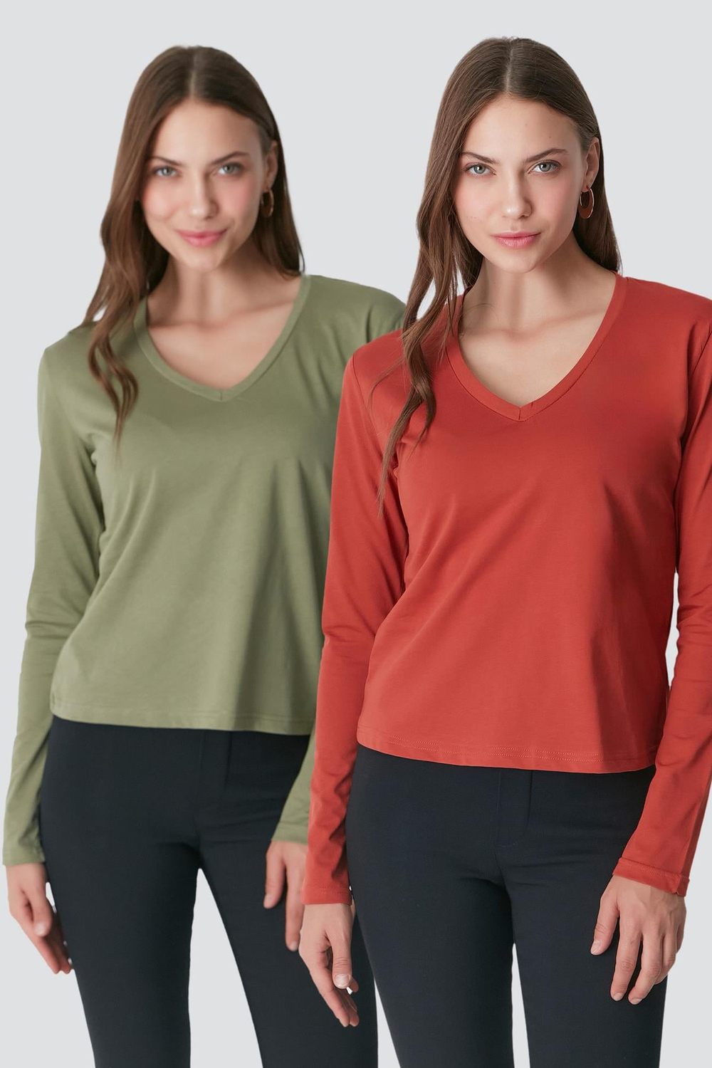V Yaka Uzun Kol 2li Basic T-Shirt 954 Haki/Kiremit