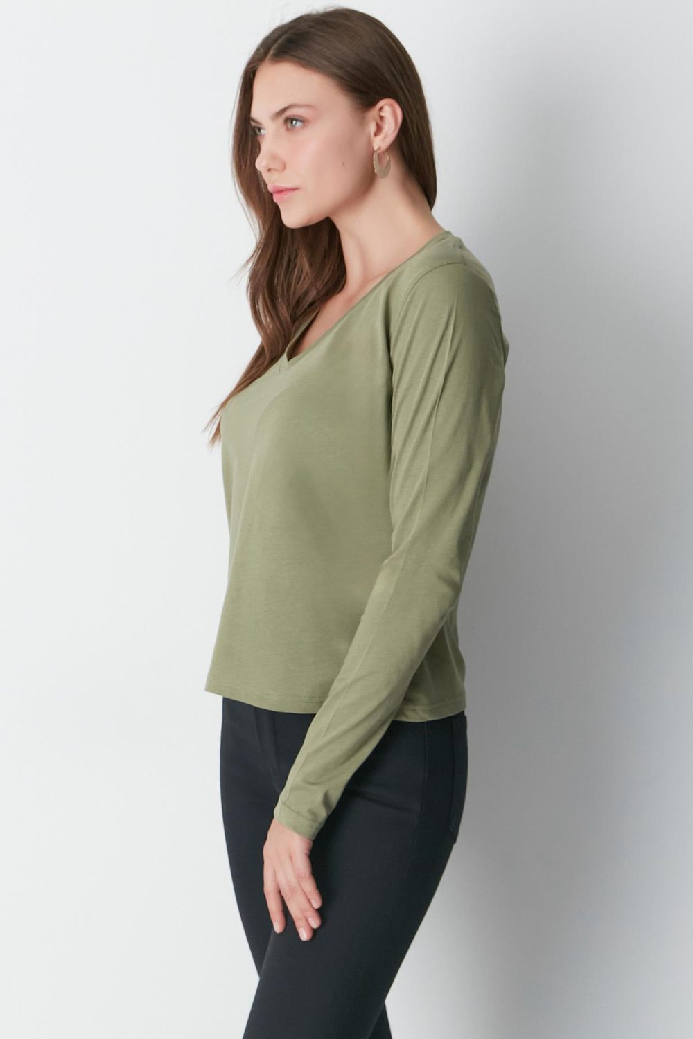 V Yaka Uzun Kol 2li Basic T-Shirt 954 Haki/Kiremit