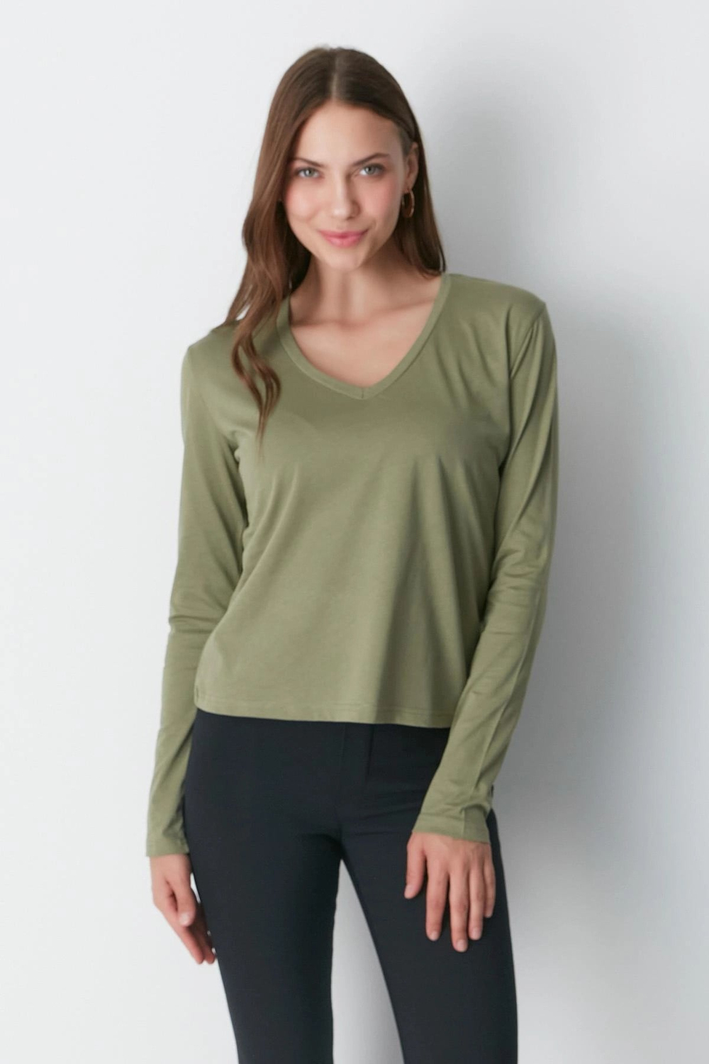 V Yaka Uzun Kol 2li Basic T-Shirt 954 Haki/Bej