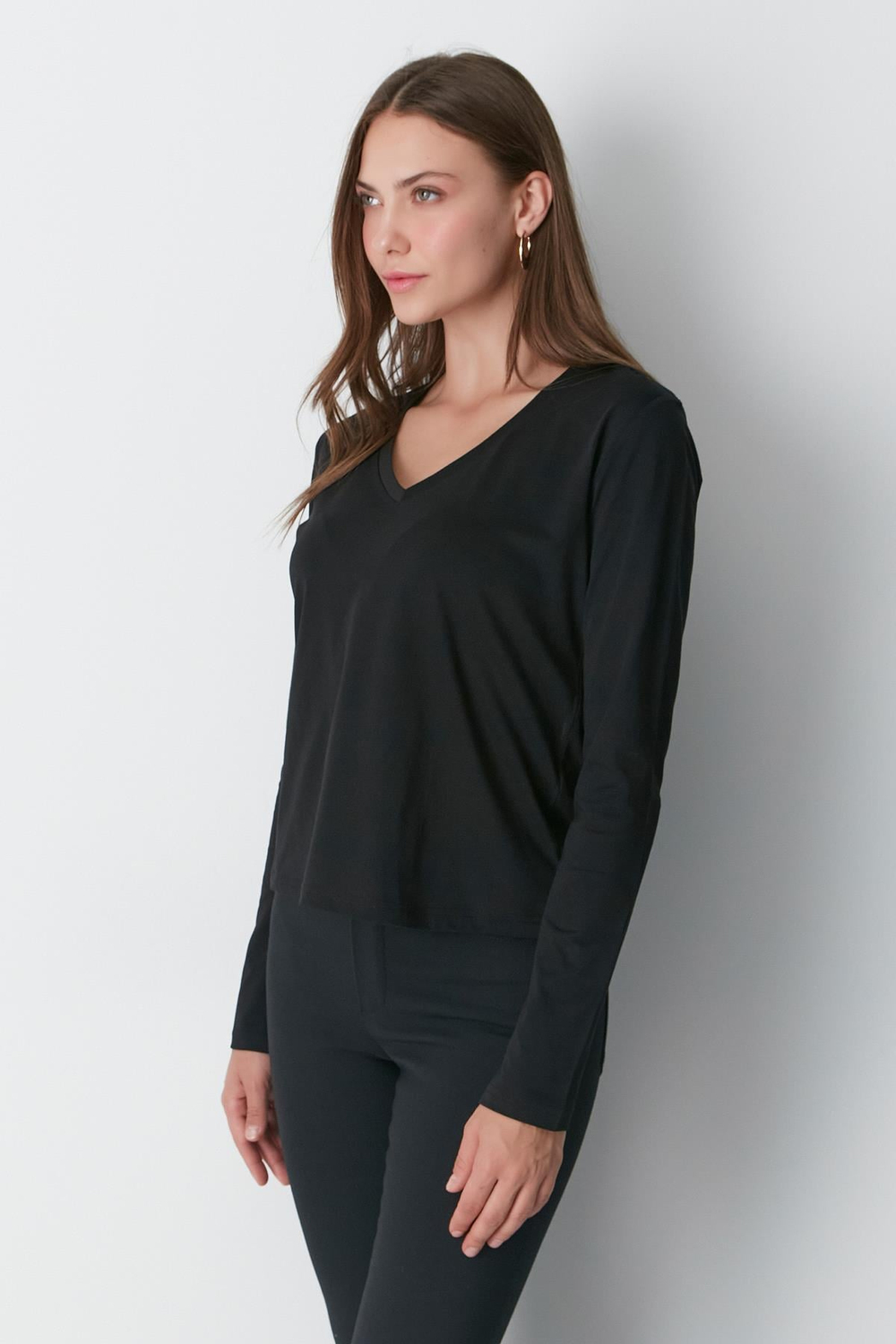 V Yaka Uzun Kol 2li Basic T-Shirt 954 Siyah
