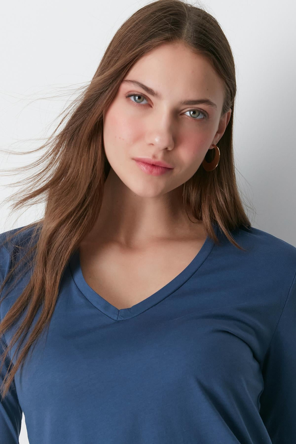 V Yaka Uzun Kol 2li Basic T-Shirt 954 İndigo/Bordo