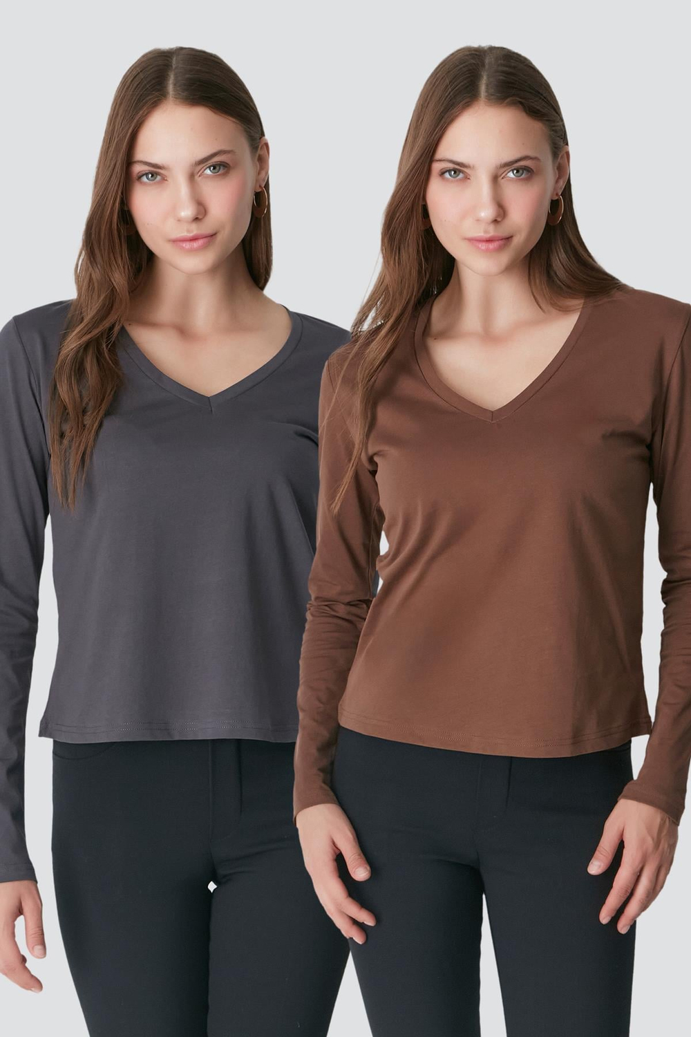 V Yaka Uzun Kol 2li Basic T-Shirt 954 Füme/Kahverengi