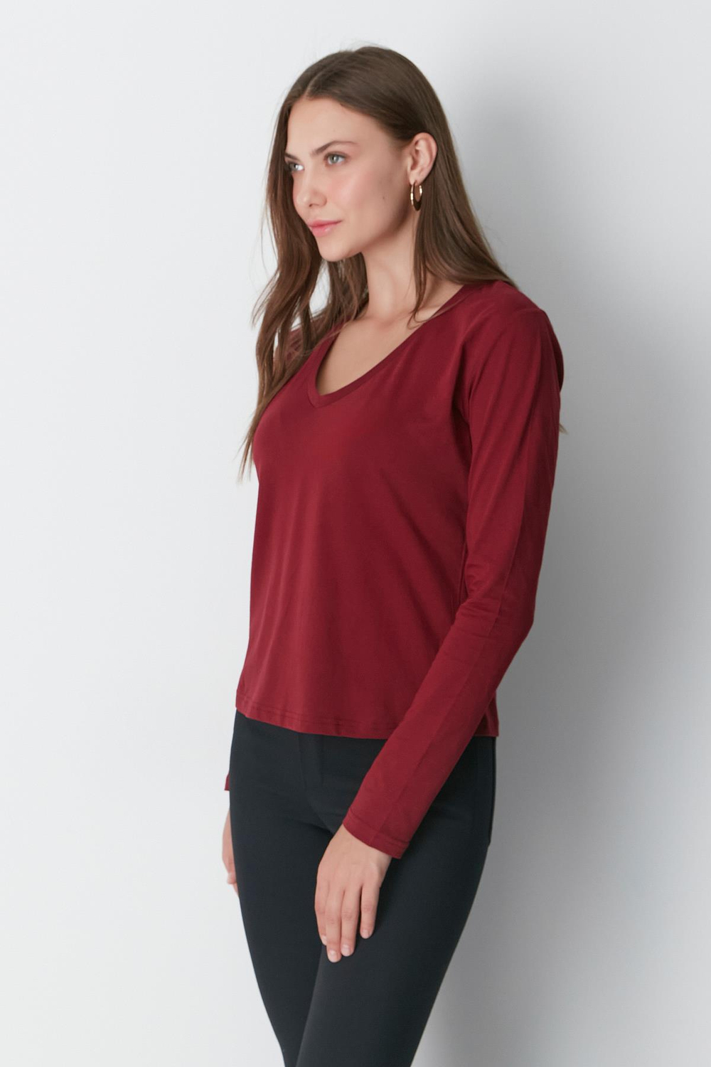 V Yaka Uzun Kol 2li Basic T-Shirt 954 İndigo/Bordo