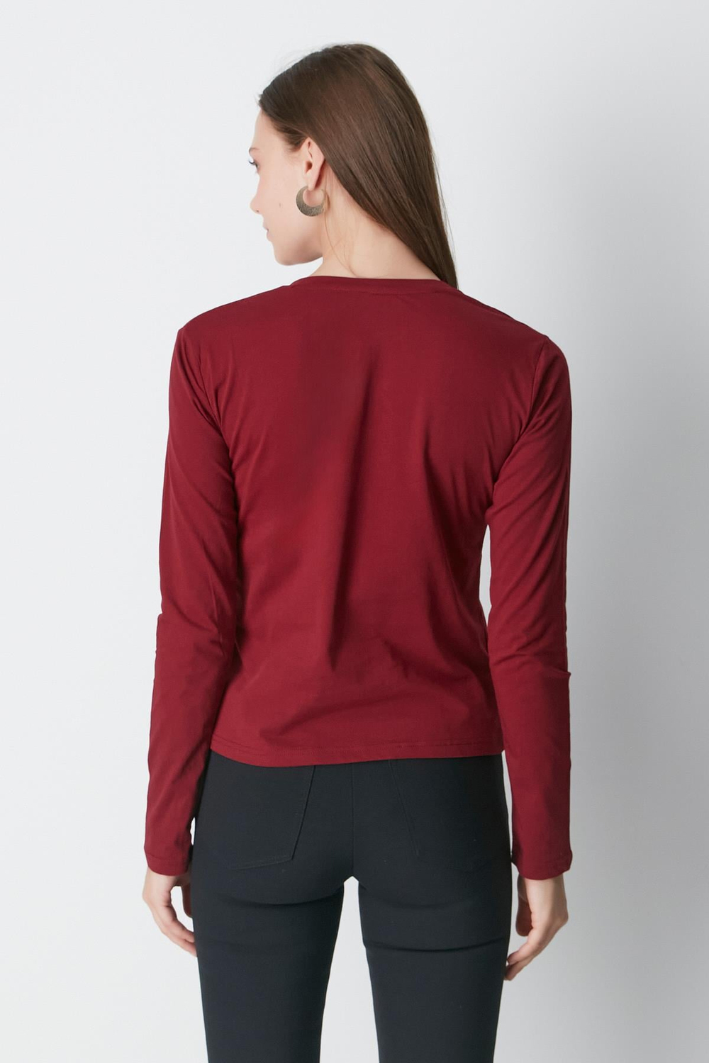 V Yaka Uzun Kol 2li Basic T-Shirt 954 İndigo/Bordo