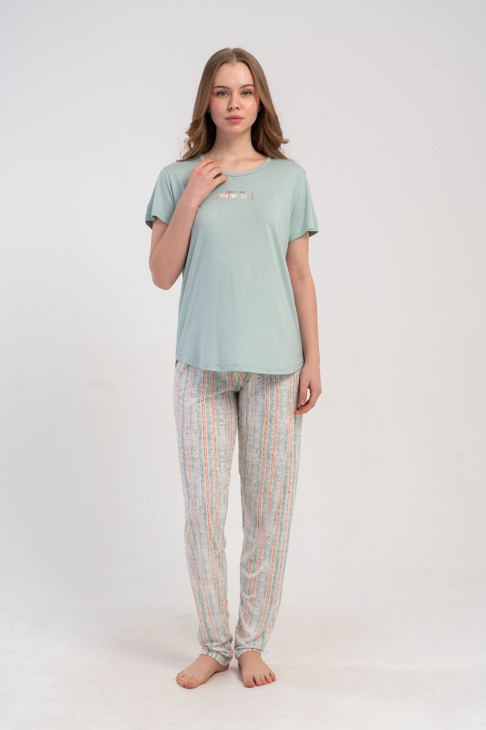 Yuvarlak Yaka Kısa Kollu Pijama Takımı Açık Yeşil-512177