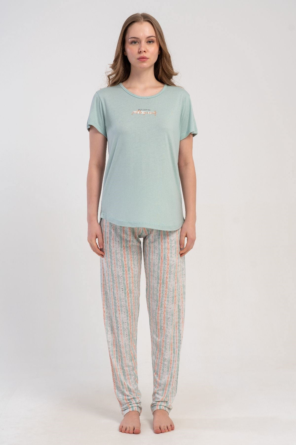 Yuvarlak Yaka Kısa Kollu Pijama Takımı Açık Yeşil-512177