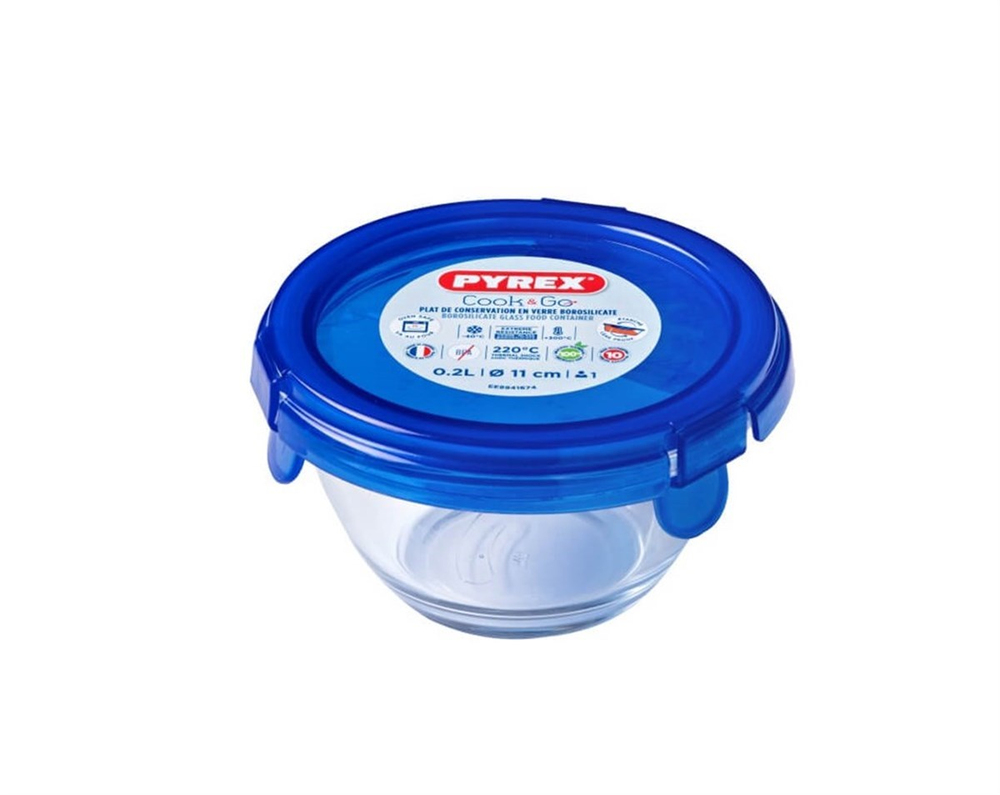 Pyrex Yuvarlak Kapaklı Cam Saklama Kasesi  200 ml Mavi
